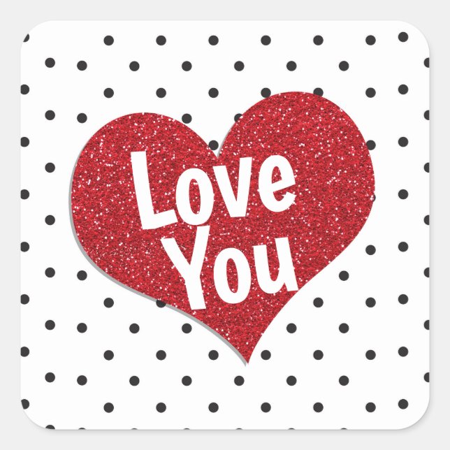 Personalized Red Glitter Heart with Polka Dots Square Sticker (Front)