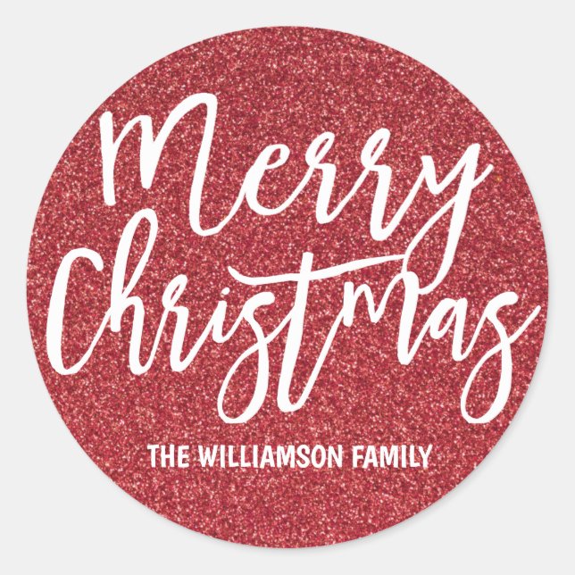 Personalized Red Glitter Merry Christmas Classic Round Sticker (Front)