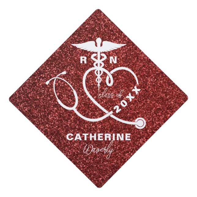 Personalized Red Glitter Nursing School RN Graduation Cap Topper (Front)