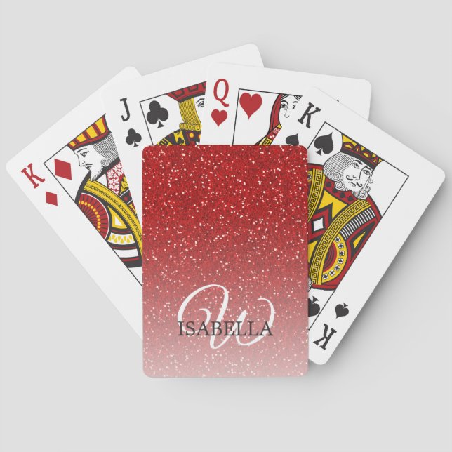 Personalized Red Glitter Ombre Name Monogram Poker Cards (Back)