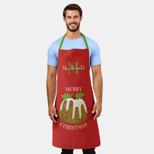 Personalized Red Glitter Pudding Christmas Apron