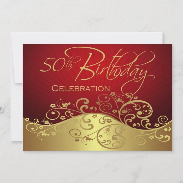 Personalized Red & Gold 50th Birthday Invitations (Front)