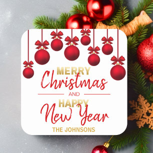 Personalized Red Gold Christmas Happy New Year Square Sticker