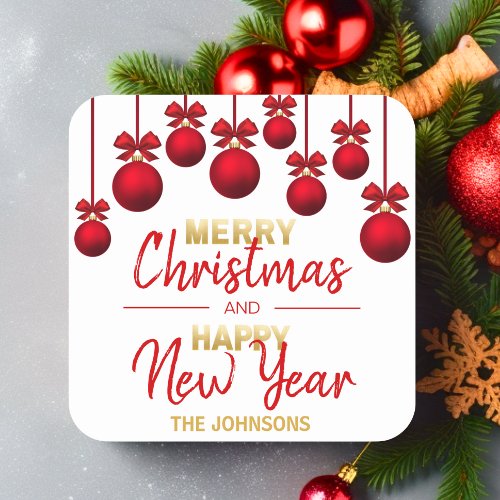 Personalized Red Gold Christmas Happy New Year Square Sticker