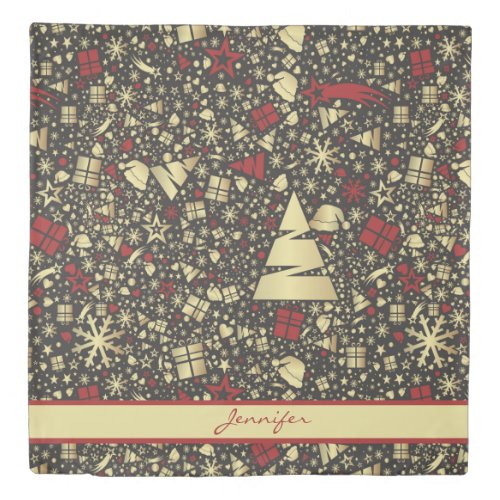 Personalized Red Gold Christmas Holiday Pattern Duvet Cover