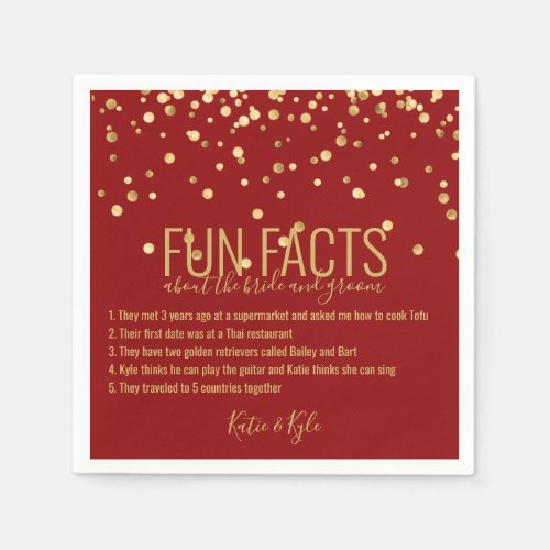 Personalized RED Gold Confetti FUN FACTS Napkins