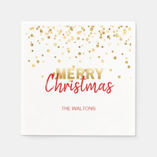 Personalized RED Gold Confetti Merry Christmas Paper Napkins