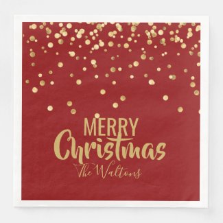 Personalized RED Gold Confetti Merry Christmas Paper Napkins