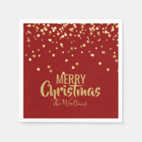Personalized RED Gold Confetti Merry Christmas Paper Napkins