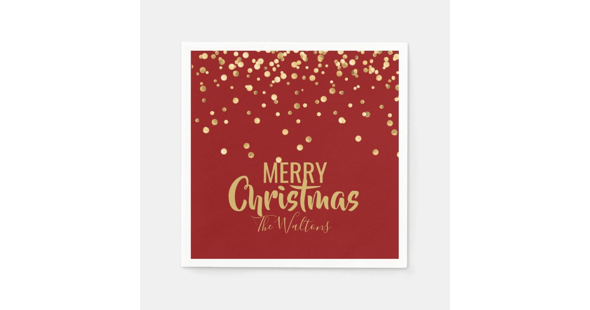 Personalized RED Gold Confetti Merry Christmas Paper Napkins | Zazzle