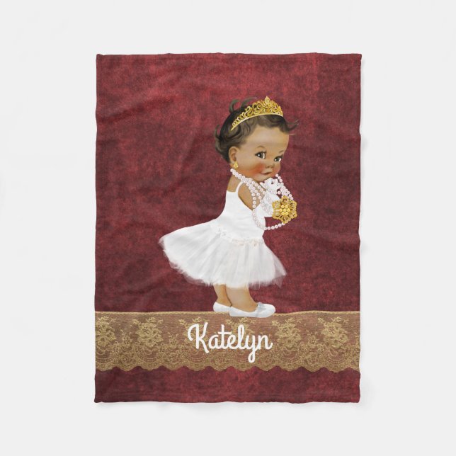 Personalized Red Gold Ethnic Princess Nursery Fleece Blanket (Front)