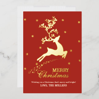 Personalized Red Gold Foil Reindeer Christmas Card