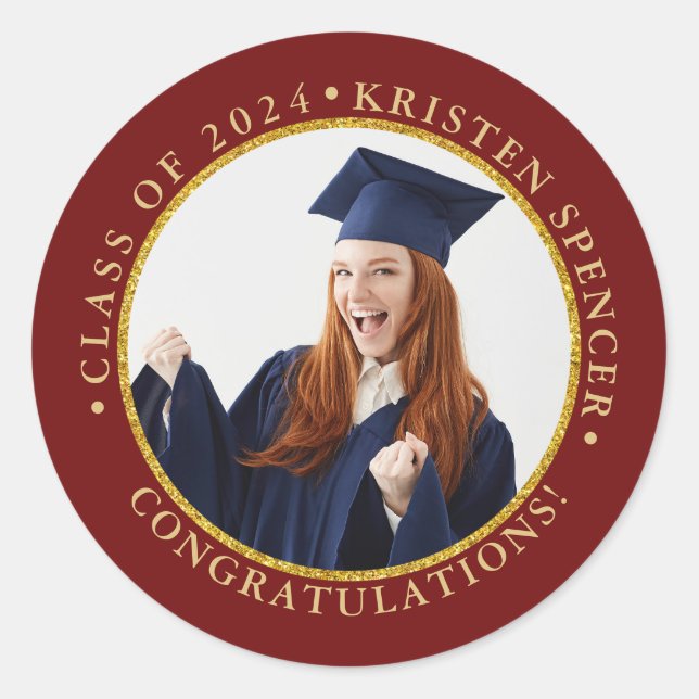 Personalized Red Gold Graduate Photo Graduation Classic Round Sticker (Front)