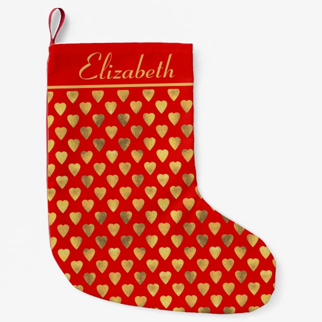 Personalized Red Gold Heart Pattern Small Christmas Stocking (Front)