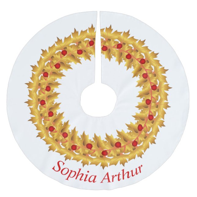 Personalized Red Gold Leaves Wreath Christmas  Brushed Polyester Tree Skirt (Front)