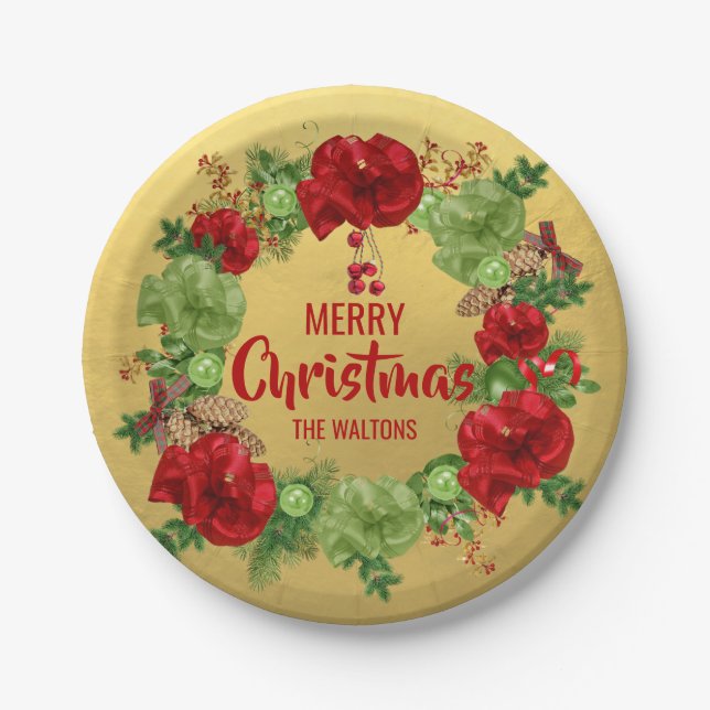Personalized RED Gold MERRY CHRISTMAS Wreath Paper Plates (Front)