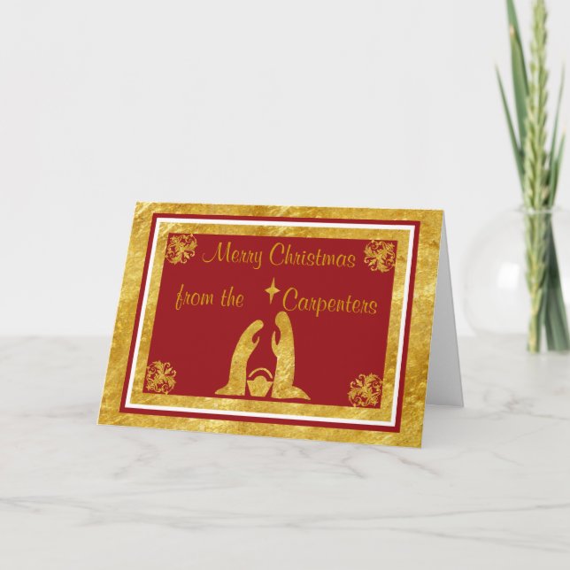 Personalized Red & Gold Nativity Christmas Card (Front)
