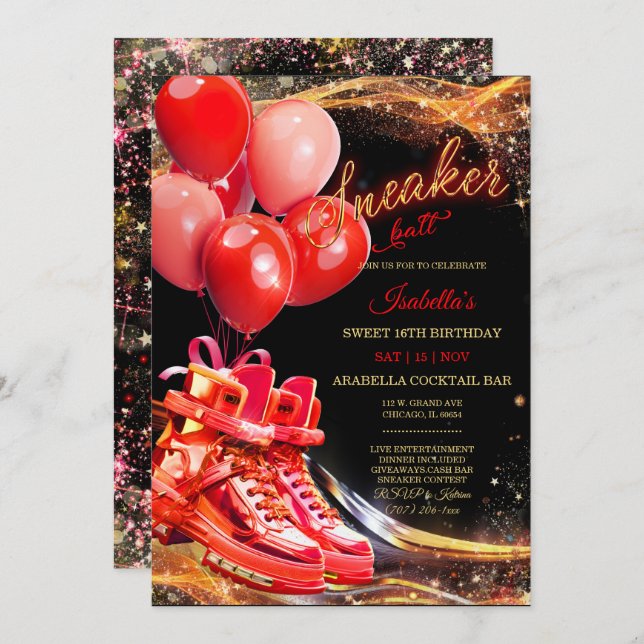 Personalized Red Gold Sneaker Ball Birthday Invitation (Front/Back)