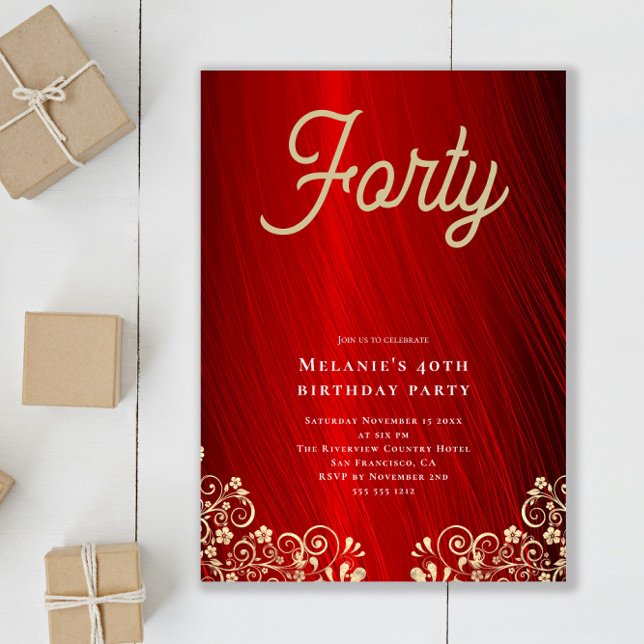 Personalized Red Gold Swirl 40th Birthday Party Invitation (Creator Uploaded)