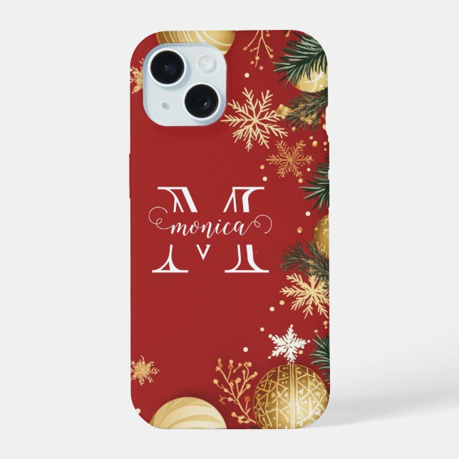 Personalized Red Gold Xmas Split Monogram Name Iphone Case (Back)