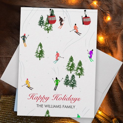 Personalized Red Gondola Ski Holidays Illustration Holiday Card