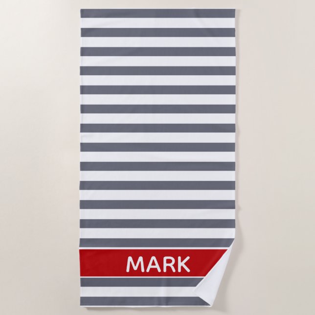 Personalized Red  Gray And White Cabana Stripe Beach Towel (Front)