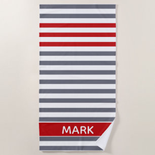 Personalized Red Gray And White Multi Stripe Beach Towel