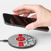 Personalized Red, Gray Striped, Abstract Floral Wireless Charger (Hand)