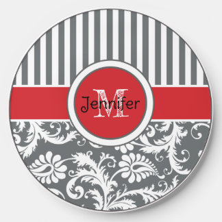 Personalized Red, Gray Striped, Abstract Floral Wireless Charger