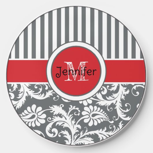 Personalized Red, Gray Striped, Abstract Floral Wireless Charger (Front)