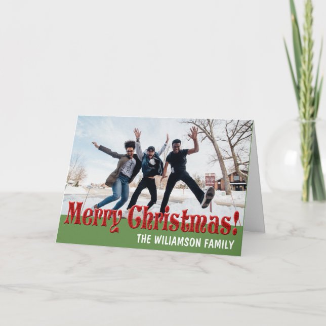 Personalized Red Green Family Photo Christmas Card (Front)