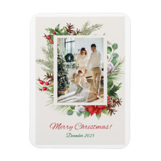 Personalized Red & Green Floral Christmas Card Magnet