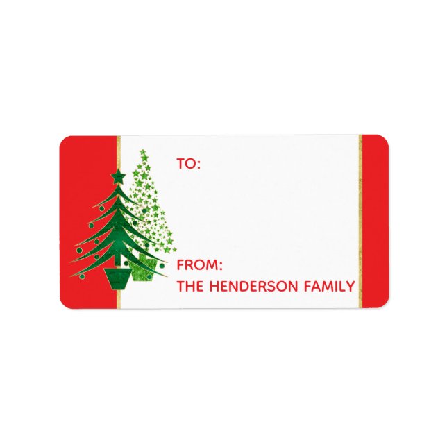 Personalized Red, Green, Gold Christmas Trees Tag (Front)
