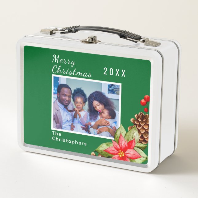 Personalized  Red, Green Holiday Family Image Metal Lunch Box (Front)