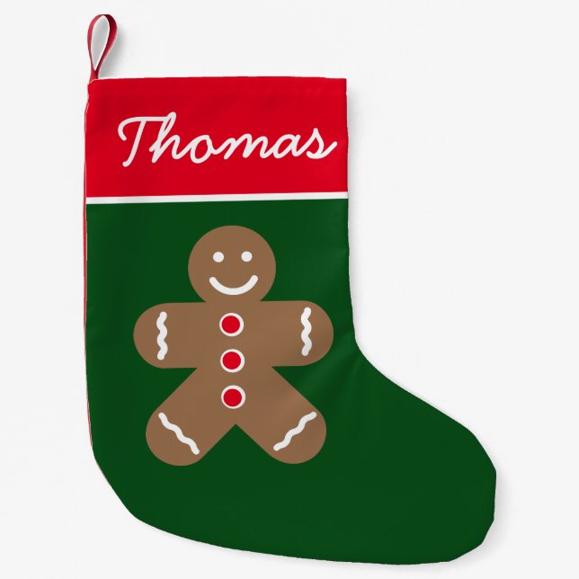 Personalized red green Holiday gingerbread man Small Christmas Stocking (Front)