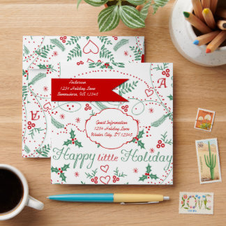 Personalized Red Green Holly Happy little Holiday Envelope