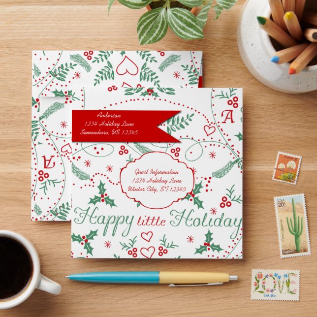 Personalized Red Green Holly Happy little Holiday Envelope (Desk)