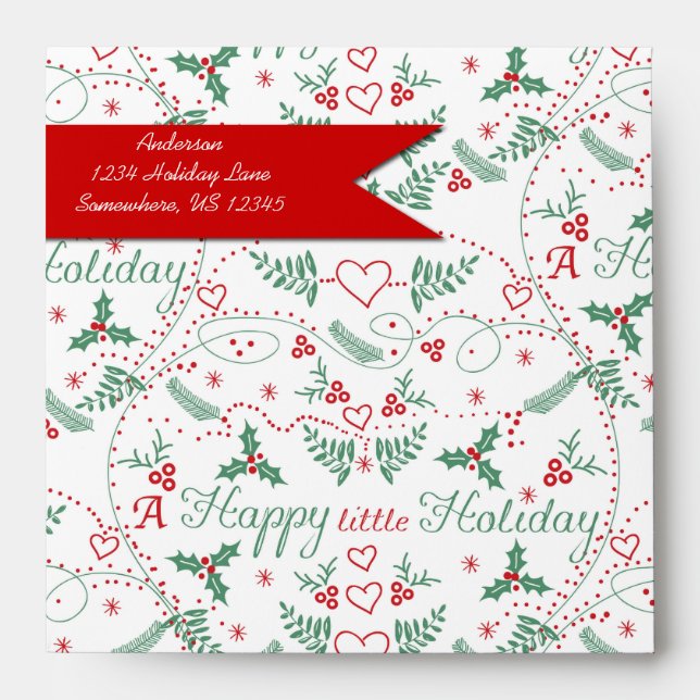 Personalized Red Green Holly Happy little Holiday Envelope (Front)