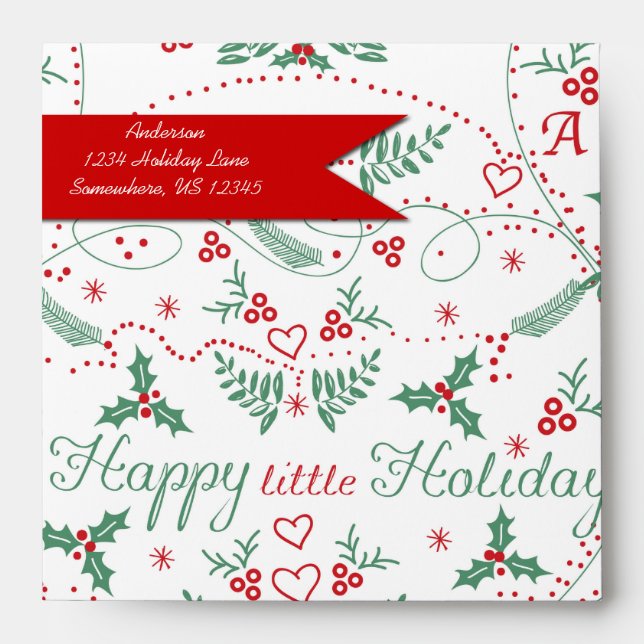 Personalized Red Green Holly Happy little Holiday Envelope (Front)