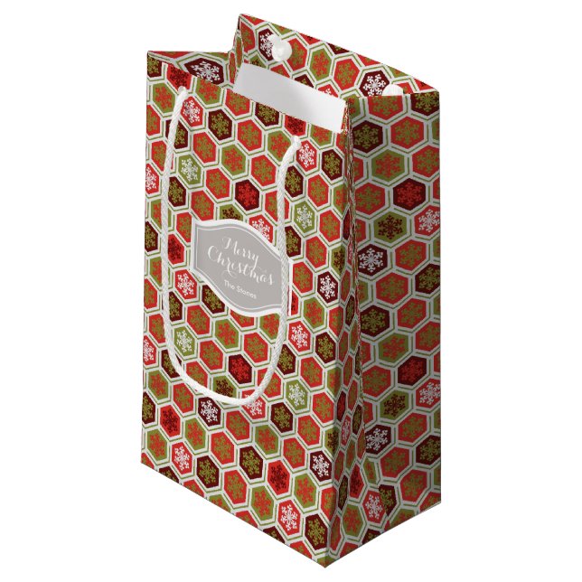 Personalized red green honeycomb snowflake pattern small gift bag (Front Angled)