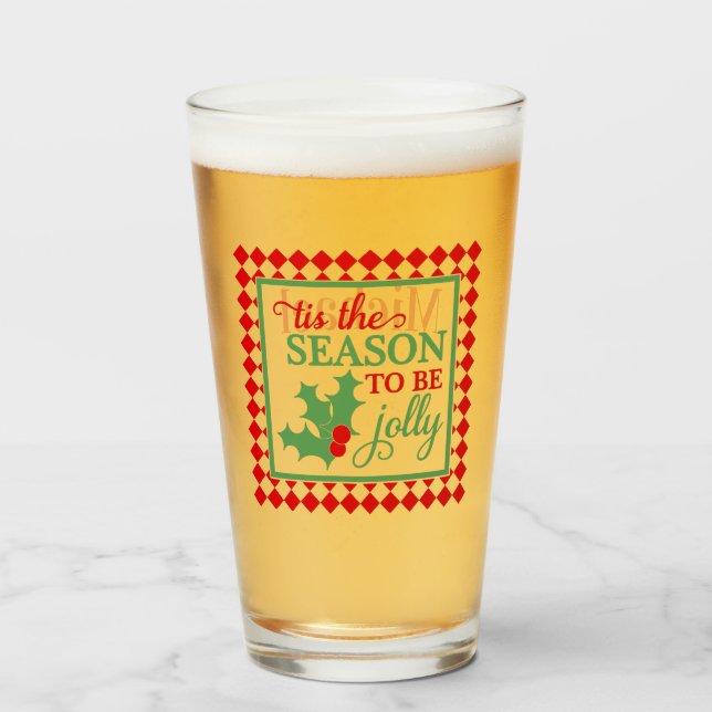 Personalized Red Green Jolly"Christmas Typography Glass (Front Filled)