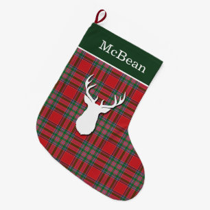 Personalized Red Green McBean Tartan Deer Large Christmas Stocking