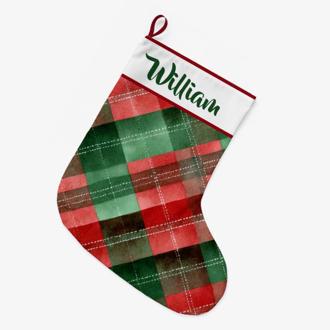 Personalized Red & Green Plaid Christmas Stocking  (Front (Hanging))