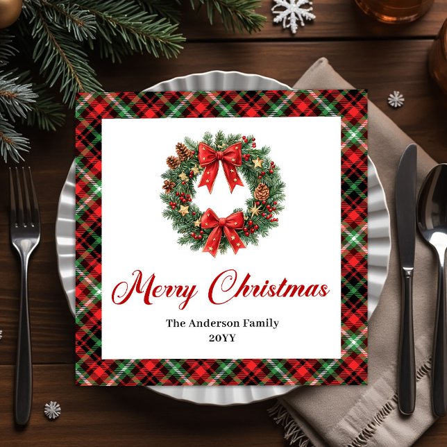 Personalized Red Green Plaid Christmas Wreath Paper Dinner Napkins (Personalized Red Green Plaid Christmas Wreath Paper Dinner Napkins)