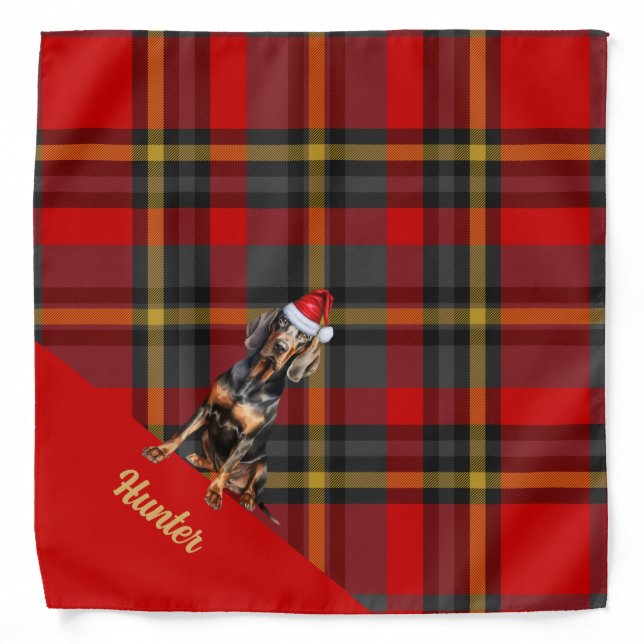 Personalized Red Green Plaid Coonhound Christmas Bandana (Front)