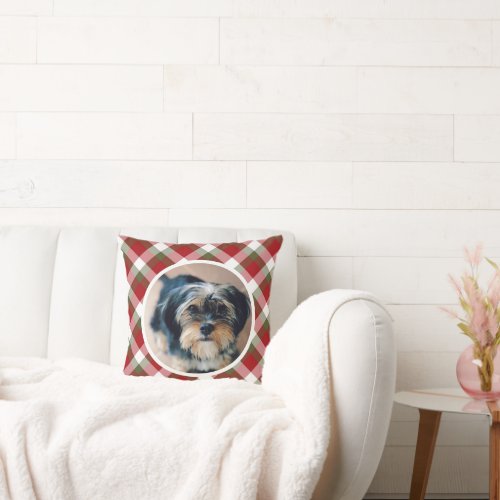 Personalized Red Green Plaid Pet Photo Throw Pillow