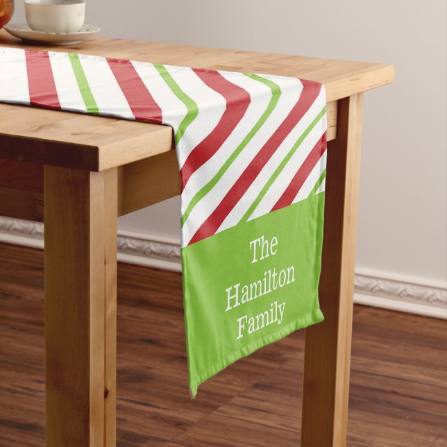 Personalized Red Green Striped Christmas Short Table Runner (In Situ)