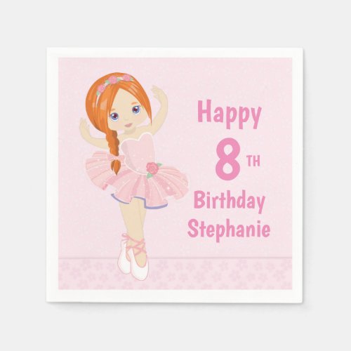 Personalized Red Hair Birthday Ballerina Napkins