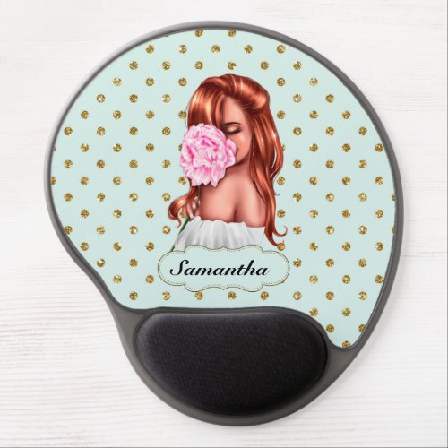 Personalized Red Hair Woman  Polka Dots Gold Blue Gel Mouse Pad