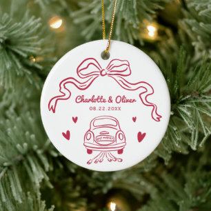 Personalized Red Hand Drawn Whimsical Bow Wedding Ceramic Ornament